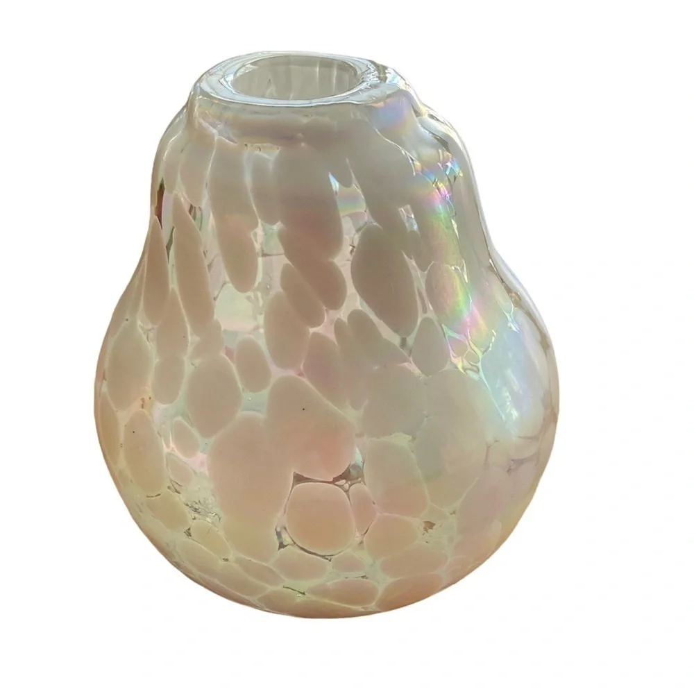 Blown Art Deco Small Glass Bud Vase Iridescent Pearl White and Clear